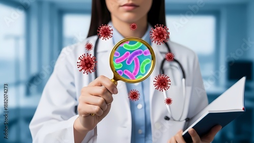 Doctor examining magnified virus cells through a magnifying glass in a medical setting