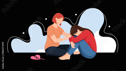 Woman Comforts Upset Friend with Broken Heart Symbol Emotional Support and Empathy Concept