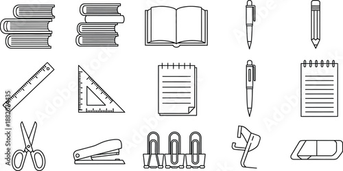 Collection of essential black and white line art icons representing various school and office stationery supplies neatly arranged for design projects.