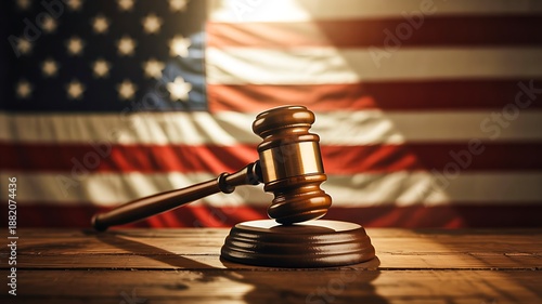 Judge gavel and sound block with american flag background
