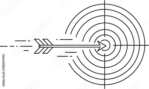 Minimalist black and white line art graphic depicting an arrow flying swiftly directly into the absolute center of a concentric circle target symbol for precision.