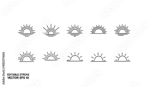 Sunrise and sun ray line icon set vector with editable stroke