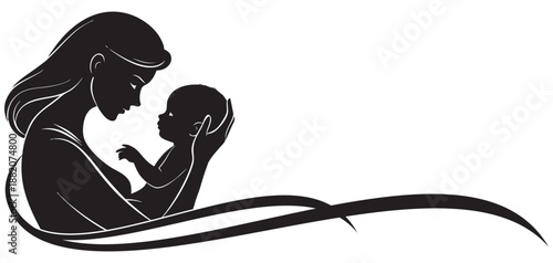 Vector silhouette illustration of a mother and her baby child