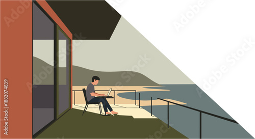 A person works remotely on a laptop from a scenic balcony overlooking a tranquil body of water and distant mountains, embodying a modern work-life balance.