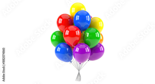A bunch of colorful balloons tied together floating in air isolated on transparent background