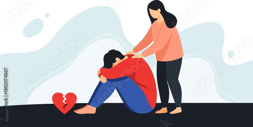 Woman Comforts Man with Broken Heart Offering Support After Relationship Breakup or Loss