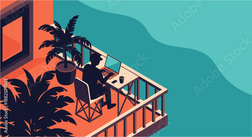 A person works remotely on a laptop from a scenic balcony overlooking a tranquil body of water, embodying a modern digital nomad lifestyle.