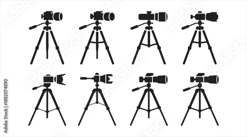 Professional video camera and tripod icons collection