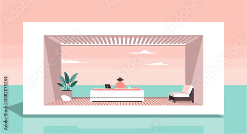 A serene, minimalist illustration of a person working remotely in a stylish, open-plan office with a calming sea view.