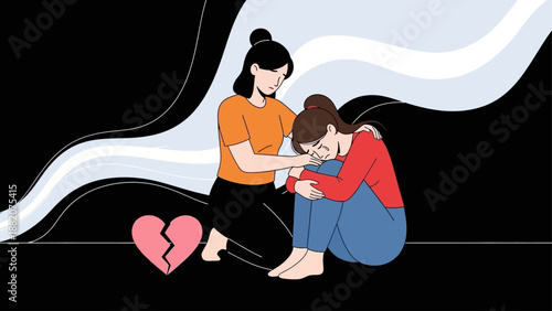 Empathy and Support Woman Comforts Upset Friend with Broken Heart Symbol
