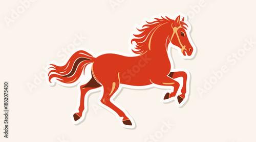 Vector illustration template of a Chinese horse sticker featuring a flat design style with bold lines and minimalist details, the horse is depicted in a vibrant red and gold color