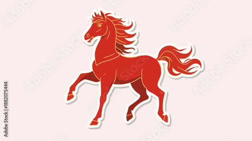 Vector illustration template of a Chinese horse sticker featuring a flat design style with bold lines and minimalist details, the horse is depicted in a vibrant red and gold color