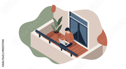 A young man works remotely on his laptop from a cozy, plant-decorated balcony, showcasing modern freelance lifestyle and urban dwelling.