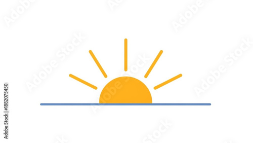 Sunrise illustration with yellow sun rays on blue horizon line