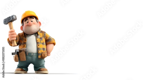 Hardworking chubby 3d cartoon construction worker holding a hammer and wearing a safety helmet ready to build and repair structures on a job site.