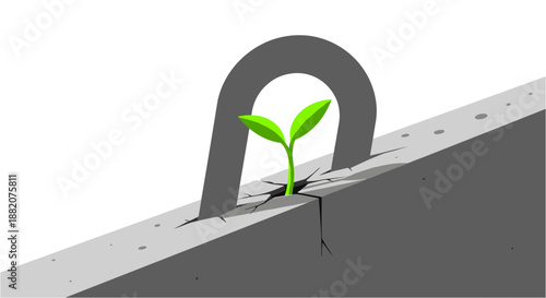 A vibrant green sprout emerges from a cracked concrete slab, symbolizing resilience, growth, and the triumph of nature over adversity.
