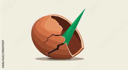 A vibrant green sprout emerges from a cracked brown eggshell, symbolizing new beginnings, growth, and the delicate cycle of life.