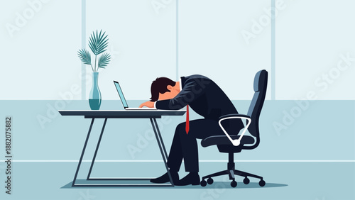 Exhausted Businessman Sleeping On Desk Next to Laptop and Plant in Office