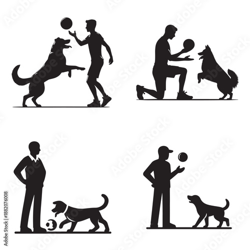 Joyful silhouettes of people playing fetch with their dogs outdoors