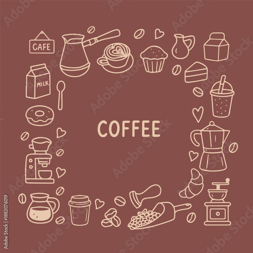 Coffee-themed vector illustration featuring various coffee-related icons such as cups, beans, and a coffee maker,  on a brown background 