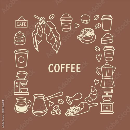 Coffee-themed vector illustration featuring various cafe elements like coffee cups, croissants, and milk cartons. Perfect for adding a cozy coffee shop vibe to creative projects.