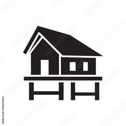Black glyph icon of a modular stilt house with multiple sections, architectural illustration for coastal property and flood-resistant housing.