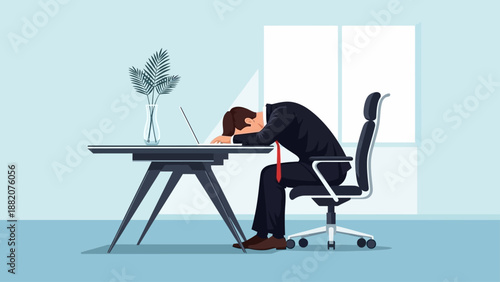 Exhausted Businessman Slumps Over Desk in Office Burnout and Stress Concept