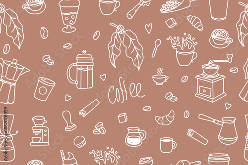 Coffee-themed vector illustration featuring a seamless pattern of coffee-related items, including cups, coffee beans, mugs, French press, and more, on a warm brown background.