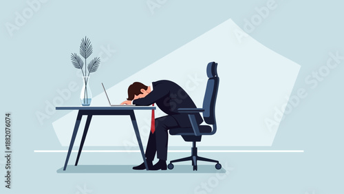 Exhausted Businessman Napping at Desk with Laptop Burnout Overwork Stress Tiredness Business Failure Concept