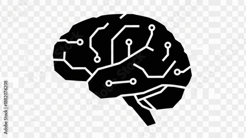 A black and white vector graphic illustration of a brain with circuit board lines on a transparent background
