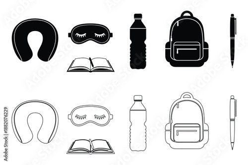 Set of travel accessories and supplies icons in solid and outline styles