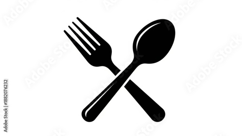 A minimalist vector graphic of a crossed fork and spoon on a white background