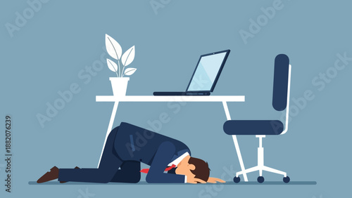 Overwhelmed Businessman Hiding Under Office Desk with Laptop and Plant Stress and Burnout Concept