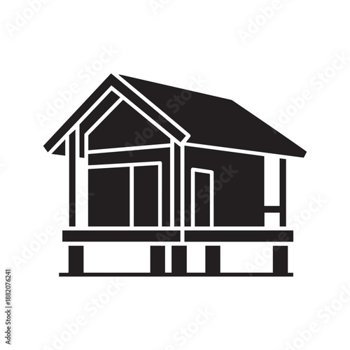 Black silhouette icon of a modern wooden stilt house elevated on pillars, minimalist architecture illustration for real estate and vacation rental.