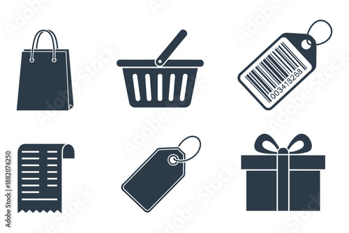 Shopping objects icons set for retail and commerce in solid shapes