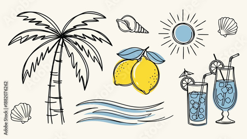 Summer lemon and palm tree doodle set with beach cocktails vector