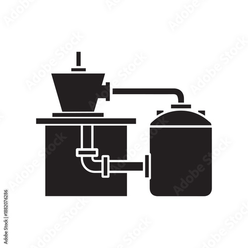 Black icon of a manual or mechanical water well pump with storage connection, symbol for rural water supply and traditional plumbing systems.