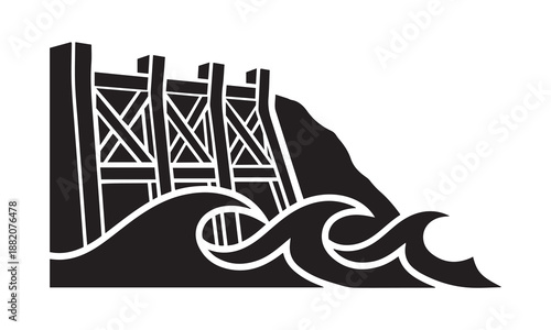 Minimalist black icon of a large concrete dam and flowing water, architectural illustration for civil engineering and renewable energy production.