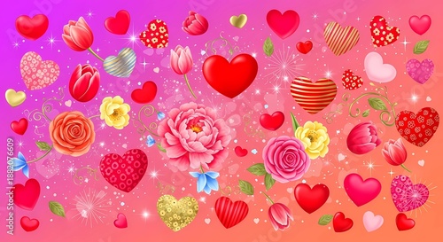 Romantic Valentine's Day Background with Red Hearts, Pink Roses, and Peonies on Vibrant Sparkly Gradient