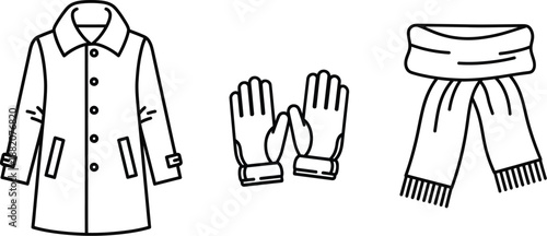 Simple black and white outline icon set featuring essential winter clothing items including a coat gloves and a warm scarf