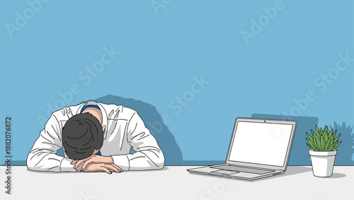 Overworked Businessman Exhausted Head Down on Desk Next to Laptop and Plant