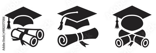 Graduation cap and diploma silhouette vector isolated design showing academic achievement college success education concept icon, student degree ceremony university