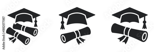 Graduation cap and diploma icon, silhouette vector for education, academic success college achievement, student university degree concept, symbol ceremony illustration