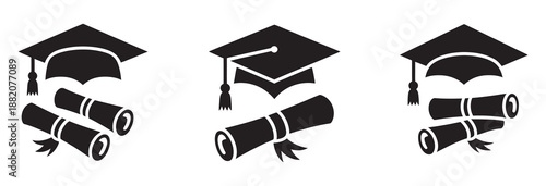 Graduation cap diploma silhouette icon, vector academic achievement, college education success, student degree ceremony design, isolated university learning symbol illustration