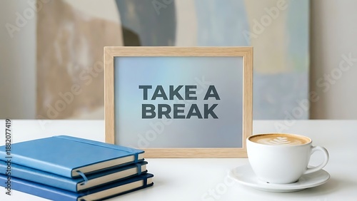 Take a Break message on sign with coffee and books, stress relief concept