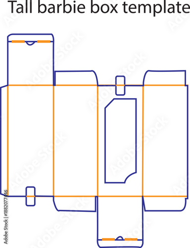 Tall doll display box packaging dieline template with transparent window cutout and secure tuck end closure for retail products.