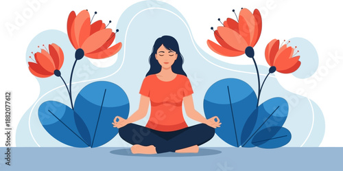Serene Woman Meditating in Lotus Pose Surrounded by Blooming Flowers and Abstract Shapes Peaceful Mindfulness and Wellness Illustration