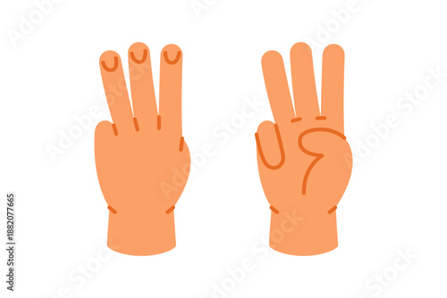 Hand showing number 3 with three fingers raised. Educational flat vector cartoon for early math and counting visuals