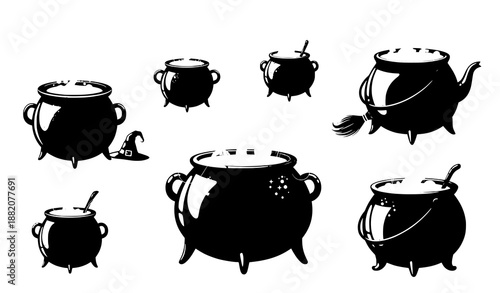 Halloween magic cauldrons and witchcraft symbols vector set