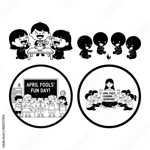 April Fools Fun Facts Classroom Lesson with Teacher and Students Black and White Cartoon Illustration